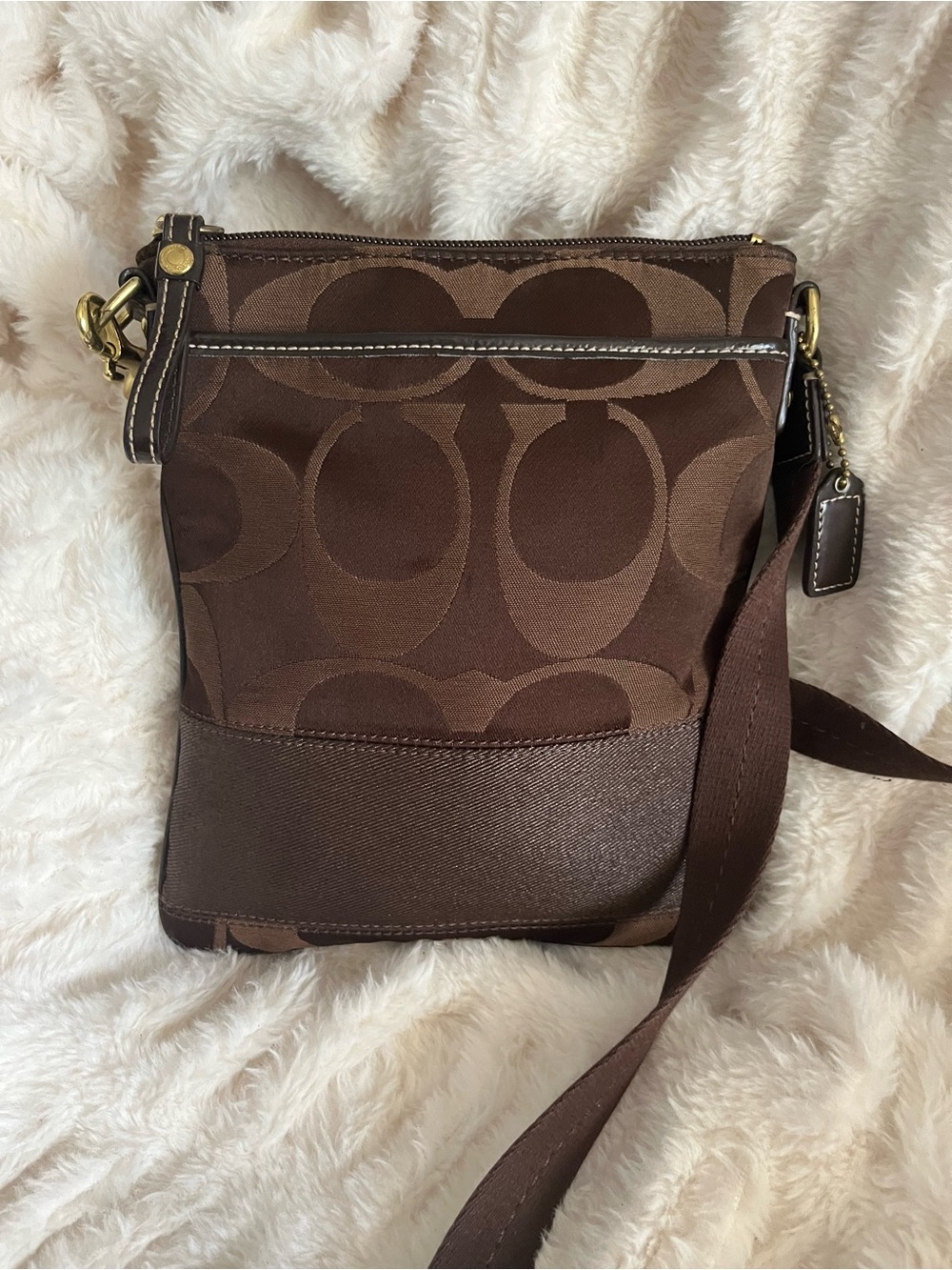 Y2K Vintage  , Coach Dark Brown Signature  Stripe  Small Crossbody/ Swing bag .